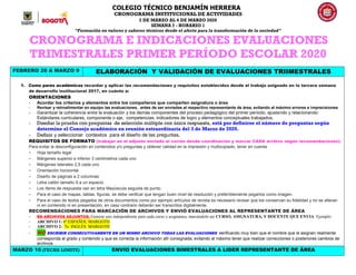 COLEGIO TÉCNICO BENJAMÍN HERRERA
CRONOGRAMA INSTITUCIONAL DE ACTIVIDADES
2 DE MARZO AL 6 DE MARZO 2020
SEMANA 7 - HORARIO 1
“Formación en valores y saberes técnicos desde el afecto para la transformación de la sociedad”
CRONOGRAMA E INDICACIONES EVALUACIONES
TRIMESTRALES PRIMER PERÍODO ESCOLAR 2020
FEBRERO 26 A MARZO 9 ELABORACIÓN Y VALIDACIÓN DE EVALUACIONES TRIIMESTRALES
1. Como pares académicos recordar y aplicar las recomendaciones y requisitos establecidos desde el trabajo asignado en la tercera semana
de desarrollo institucional 2017, en cuánto a:
ORIENTACIONES
- Acordar los criterios y elementos entre los compañeros que comparten asignatura o área
- Revisar y retroalimentar en equipo las evaluaciones, antes de ser enviadas al respectivo representante de área, evitando al máximo errores e imprecisiones
- Garantizar la coherencia entre la evaluación y los demás componentes del proceso pedagógico del primer período, ajustando y relacionando:
Estándares curriculares, componente o eje, competencias, indicadores de logro y elementos conceptuales trabajados.
- Diseñar la prueba con preguntas de selección múltiple con única respuesta, está por definirse el número de preguntas según
determine el Consejo académico en reunión extraordinaria del 3 de Marzo de 2020.
- Definir y seleccionar contextos para el diseño de las preguntas.
REQUISITOS DE FORMATO (trabajar en el adjunto enviado al correo desde coordinación y marcar CADA archivo según recomendaciones).
Para evitar la desconfiguración en contenidos y/o preguntas y obtener calidad en la impresión y multicopiado, tener en cuenta:
- Hoja tamaño legal
- Márgenes superior e inferior 3 centímetros cada uno
- Márgenes laterales 2,5 cada uno
- Orientación horizontal
- Diseño de páginas a 2 columnas
- Letra calibri tamaño 9 a un espacio
- Los ítems de respuesta van en letra Mayúscula seguida de punto.
- Para el caso de mapas, tablas, figuras, se debe verificar que tengan buen nivel de resolución y preferiblemente pegarlos como imagen.
- Para el caso de textos pegados de otros documentos como por ejemplo artículos de revista es necesario revisar que los conservan su fidelidad y no se alteran
ni en contenido ni en presentación, en caso contrario deberán ser transcritos digitalmente.
RECOMENDACIONES PARA MARCACIÓN DE ARCHIVOS Y ENVIÓ EVALUACIONES AL REPRESENTANTE DE ÁREA
- EN ARCHIVOS ADJUNTOS: Generar uno independiente para cada curso y asignatura, marcándolo así CURSO, ASIGNATURA, Y DOCENTE QUE ENVIA Ejemplo:
- ARCHIVO 1: 6º ESPAÑOL MARGOTH
- ARCHIVO 2: 7o INGLÉS MARGOTH
- NO ESCRIBIR CONSECUTIVAMENTE EN UN MISMO ARCHIVO TODAS LAS EVALUACIONES verificando muy bien que el nombre que le asignen realmente
corresponda al grado y contenido y que es correcta la información allí consignada, evitando al máximo tener que realizar correcciones o posteriores cambios de
archivos
MARZO 10 (FECHA LIMITE) ENVIO EVALUACIONES BIMESTRALES A LIDER REPRESENTANTE DE ÁREA
 