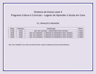 Diretoria de Ensino Leste 4
Programa Cultura é Currículo – Lugares de Aprender e Escola em Cena
E.E. FRANCISCO MIGNONE
Data Horário Instituição Série
27/08 14h30 SESC SÃO CAETANO – SONHATÓRIO (PEÇA TEATRAL) 5ºANO
28/08 10h00 SESC VILA MARIANA – O PRINCIPE DA DINAMARCA (PEÇA TEATRAL) 5ªSÉRIE
28/08 10h00 SESC VILA MARIANA – O PRINCIPE DA DINAMARCA (PEÇA TEATRAL) 6ªSÉRIE
28/08 10h00 SESC VILA MARIANA – O PRINCIPE DA DINAMARCA (PEÇA TEATRAL) 6ªSÉRIE
OBS: ESTE HORÁRIO É DA VISITA NA INSTITUIÇÃO, SAIR DA UNIDADE ESCOLAR ANTECEDENCIA.
 