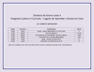 Diretoria de Ensino Leste 4
Programa Cultura é Currículo – Lugares de Aprender e Escola em Cena
E.E CHIBATA MIYAKOSHI
Data Horário Instituição Série
20/08 14h30 MUBE – MUSEU BRASILEIRO DA ESCULTURA 5ª
23/08 09h30 SITIO DA RESSACA 1ºT EJA
27/08 09h30 PQ ESTADUAL DA CANTAREIRA NÚCLEO CABUÇU 1ªEM
27/08 09h30 PAVILHÃO DAS CULTURAS BRASILEIRAS 3ªEM
29/08 14h30 MAM - MUSEU DE ARTE DE SP 8ª
29/08 15h00 MEMORIAL DA RESISTENCIA DE SP 8ª
OBS: ESTE HORÁRIO É DA VISITA NA INSTITUIÇÃO, SAIR DA UNIDADE ESCOLAR COM ANTECEDENCIA.
 