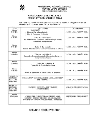 UNIVERSIDAD NACIONAL ABIERTA
CENTRO LOCAL COJEDES
SERVICIO DE ORIENTACION
CRONOGRAMA DE TALLERES
CURSO INTRODUCTORIO 2014-1
LUGAR DE TALLERES: SALA DE CONFERENCIA “CARLOS ROJAS VÁSQUEZ” DE LA UNA
CENTRO LOCAL COJEDES. SAN CARLOS Hora: 9:00 a.m.
FECHA CONTENIDO FACILITADOR
Sábado
24-05-2014
INDUCCIÓN
 Libro del Curso Introductorio
 Plan de Curso y de Evaluación
LCDA. LIGIA FARFÁN DE O.
Sábado
31-05-2014 Taller de La Unidad Nº 1
Rol del Estudiante a Distancia, y Las Estrategias para la
Autogestión del Aprendizaje
LCDA. LIGIA FARFÁN DE O.
Sábado
07-06-2014 Taller de La Unidad 2
Hacia la Elección de Una Carrera Universitaria en la UNA
LCDA. LIGIA FARFÁN DE O.
Sábado
14-06-2014 Taller de La Unidad 3
Busqueda y Procesamiento de la Información: Lectura y
Comprensión de Textos
LCDA. LIGIA FARFÁN DE O.
Sábado
21-06-2014 Taller de La Unidad 4
Producción de Textos: La Escritura
LCDA. LIGIA FARFÁN DE O.
Sábado
28-06-2014
Sesión de Simulación de Prueba y Hoja de Respuesta
LCDA. LIGIA FARFÁN DE O.
DESDE EL
08-07-2014
HASTA EL
12-07-2014
CONSULTAS Y ASESORIAS SOBRE LA ELABORACIÓN
DEL TRABAJO LCDA. LIGIA FARFÁN DE O.
DESDE EL
22-07-2014
HASTA EL
26-07-2014
ENTREGA DEFINITVA DEL TRABAJO
( PORTAFOLIO )
SERVICIO DE ORIENTACION
Sábado
27-09-2014 CIERRE DEL CURSO INTRODUCTORIO 2014-1
ENTREGA DE CERTIFICADOS DE APROBACION
COMPARTIR CON LOS ESTUDIANTES APROBADOS
SERVICIO DE ORIENTACION
SERVICIO DE ORIENTACION
 