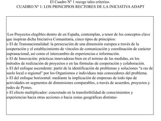 El Cuadro Nº 1 recoge tales criterios. CUADRO Nº 1: LOS PRINCIPIOS RECTORES DE LA INICIATIVA ADAPT