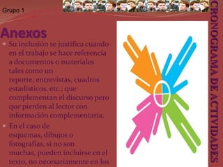 Grupo 1La bibliografíaLa bibliografía se sitúa al final del documento, después del cuerpo del contenido del diseño o de otro tipo de escrito. En este componente se incluye todas las fuentes citadas y utilizadas, así como otros de carácter verbal: libros, revistas, tesis, periódicos, informes, entrevistas, etc. Se recomienda no incluir una bibliografía exageradamente exhaustiva e innecesaria; sino solamente aquella que se ha empleado y consultado. CRONOGRAMA DE ACTIVIDADES