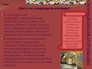 Grupo 1¿Qué es un cronograma de actividades?El cronograma de actividades vendría a ser para  nosotros, en términos mas sencillos, un horario que debemos seguir para que así tengamos nuestro tiempo mejor distribuido.El Cronograma de Actividades, también llamado Gráfico de Gantt, en honor a su inventor (Henry L. Gantt), es en el cual se plasman y distribuyen en el tiempo, las actividades claves que requerirá el proceso de investigación. 