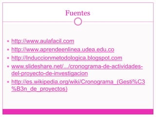 Fuentes


 http://www.aulafacil.com
 http://www.aprendeenlinea.udea.edu.co
 http://Induccionmetodologica.blogspot.com
 www.slideshare.net/.../cronograma-de-actividades-
  del-proyecto-de-investigacion
 http://es.wikipedia.org/wiki/Cronograma_(Gesti%C3
  %B3n_de_proyectos)
 