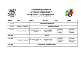 CRONOGRAMA DE ACTIVIDADES.
Centro Regional de Educación Normal
“DR. GONZALO AGUIRRE BELTRÁN.
JARDíN DE NIÑOS: Prof.“Lilia Guerra Jácome”
Alumna: Adriana Martínez Cristóbal
HORARIO LUNES MARTES MIÉRCOLES JUEVES VIERNES
8:45-9:00 Recibimiento de los niños
9:00-9:20 Honores a la bandera. Activación colectiva
9:20-10:30
Actividad “Esculturas”
Actividad “Bailes del
mundo”
Actividad “¿Qué
sonido es ese?
Actividad
“Recordando
sonidos”.
Actividad
“Hagamos una
orquesta”.
10:30-11:00 Recreo
11:00-11:50
Actividad “Esculturas”
Actividad “Bailes del
mundo”
Actividad “¿Qué
sonido es ese?
Actividad
“Recordando
sonidos”.
Actividad
“Hagamos una
orquesta”.
11:50-12:10 Entrega de los niños a los padres.
 