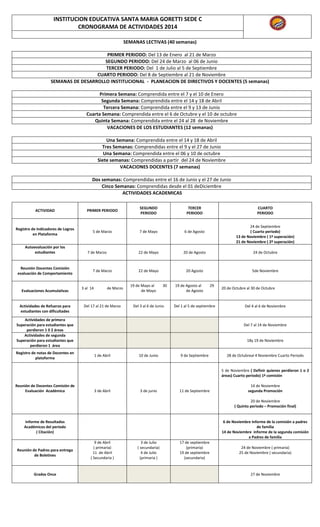 INSTITUCION EDUCATIVA SANTA MARIA GORETTI SEDE C
CRONOGRAMA DE ACTIVIDADES 2014
SEMANAS LECTIVAS (40 semanas)
PRIMER PERIO...