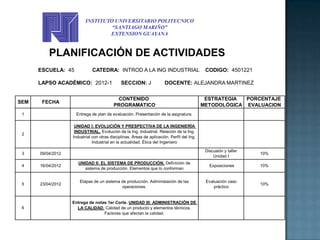 INSTITUTO UNIVERSITARIO POLITECNICO
                                   “SANTIAGO MARIÑO”
                                  EXTENSION GUAYANA


          PLANIFICACIÓN DE ACTIVIDADES
      ESCUELA: 45             CATEDRA: INTROD A LA ING INDUSTRIAL                            CODIGO: 4501221

      LAPSO ACADÉMICO: 2012-1                 SECCION: J               DOCENTE: ALEJANDRA MARTINEZ

                                           CONTENIDO                                         ESTRATEGIA  PORCENTAJE
SEM    FECHA
                                          PROGRAMATICO                                      METODOLÓGICA EVALUACION
 1                  Entrega de plan de evaluación. Presentación de la asignatura.

                    UNIDAD I: EVOLUCIÓN Y PRESPECTIVA DE LA INGENIERÍA
                    INDUSTRIAL. Evolución de la Ing. Industrial. Relación de la Ing.
 2
                   Industrial con otras disciplinas. Áreas de aplicación. Perfil del Ing.
                              Industrial en la actualidad. Ética del Ingeniero

                                                                                             Discusión y taller
 3    09/04/2012                                                                                                  10%
                                                                                                 Unidad I
                      UNIDAD II: EL SISTEMA DE PRODUCCIÓN. Definición de
 4    16/04/2012                                                                               Exposiciones       10%
                         sistema de producción. Elementos que lo conforman


                      Etapas de un sistema de producción. Administación de las               Evaluación caso
 5    23/04/2012                                                                                                  10%
                                           operaciones.                                          práctico


                   Entrega de notas 1er Corte. UNIDAD III: ADMINISTRACIÓN DE
 6                   LA CALIDAD. Calidad de un producto y elementos técnicos.
                                  Factores que afectan la calidad.
 
