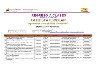 CRONOGRAMA DE ACTIVIDADES
Municipio: Escolar Nº 09 Tinaco Institución: E.P.B. “José Carrillo Moreno”
Responsable: Colectivo de Dirección Teléfono y Correo: 0416 2425152 / epbjosecarrillomoreno@hotmail.com violetatroncosa@gmail.com
Nº ACTIVIDAD FECHA HORA LUGAR RESPONSABLES PARTICIPANTES
01
Entrega de textos colección Bicentenario, a los estudiantes
de la E.P.B. “José Carrillo Moreno”.
16/09/2013
9:00am a
12:00pm
Espacios alternativos
Colectivo de Dirección, Docentes y Doc.
Con funciones de especialistas.
Escuela familia y
comunidad.
02
Resaltar los logros del Gobierno Bolivariano.
16/09/2013
9:00am a
12:00pm
Espacios alternativos
Colectivo de Dirección, Docentes y Doc.
Con funciones de especialistas.
Escuela familia y
comunidad.
03
Elaboración de carteleras, resaltando las políticas públicas
educativas. Planes programas y proyectos.
17/09/2013
8:00am a
12:00pm
Espacios alternativos
Colectivo de Dirección, Docentes y Doc. Con
funciones de especialistas.
Escuela familia y
comunidad
04
Dar a conocer y resaltar la actuación de nuestros atletas
Venezolanos, locales y Regional
17/09/2013
8:00am a
12:00pm
Espacios alternativos
Colectivo de Dirección, Docentes y Doc. Con
funciones de especialistas.
Escuela familia y
comunidad
05
Conversatorios por parte de los maestros, sobre la historia
local, cultura y tradiciones.
18/09/2013
8:00am a
12:00pm
Espacios alternativos
Colectivo de Dirección, Docentes y Doc. Con
funciones de especialistas.
Escuela familia y
comunidad
06
Desarrollar actividades Todas las Manos a la Siembre
18/09/2013
8:00am a
12:00pm
Espacios alternativos
Colectivo de Dirección, Docentes y Doc.
Con funciones de especialistas.
Escuela familia y
comunidad
07
Realizar juegos tradicionales e intercambios deportivos
entre las y los estudiantes.
19/09/2013
8:00am a
12:00pm
Espacios alternativos
Colectivo de Dirección, Docentes y Doc. Con
funciones de especialistas.
Escuela familia y
comunidad
08
Actividades Culturales
Intercambios de “REGALOS DE AMOR” entre los grados y
bailoterapia.
20/09/2013
8:00am a
12:00pm
Cancha Techado Misión
Barrio Adentro
Colectivo de Dirección, Docentes y Doc. Con
funciones de especialistas.
Escuela familia y
comunidad
 
