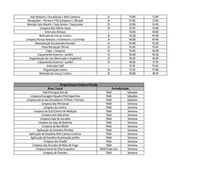 Hall Andares / Escadarias / Anti Cameras A 11:00 11:30
Recepções - Térreo e 1ºSS (Limpeza c/ Álcool) D 11:30 11:50
Revisão...