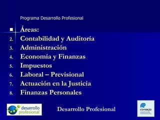 Programa Desarrollo Profesional Áreas: Contabilidad y Auditoría Administración Economía y Finanzas Impuestos Laboral – Previsional Actuación en la Justicia Finanzas Personales Desarrollo Profesional 