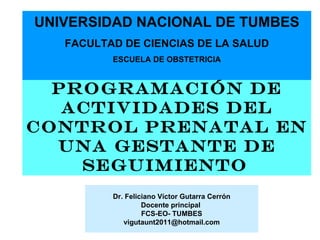 UNIVERSIDAD NACIONAL DE TUMBES
   FACULTAD DE CIENCIAS DE LA SALUD
          ESCUELA DE OBSTETRICIA


  PROGRAMACIÓN DE
   ACTIVIDADES DEL
CONTROL PRENATAL EN
  UNA GESTANTE DE
    SEGUIMIENTO
          Dr. Feliciano Víctor Gutarra Cerrón
                   Docente principal
                   FCS-EO- TUMBES
             vigutaunt2011@hotmail.com
 