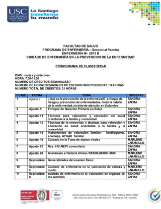 FACULTAD DE SALUD
PROGRAMA DE ENFERMERÍA – Seccional Palmira
ENFERMERÍA III– 2015 B
CUIDADO DE ENFERMERÍA EN LA PREVENCION DE LA ENFERMEDAD
CRONOGRAMA DE CLASES 2015-B
DIAS: martes y miércoles
HORA: 7:30-11:30
NUMERO DE CREDITOS SEMANALES:7
NUMERO DE HORAS SEMANALES DE ESTUDIO INDEPENDIENTE: 14 HORAS
NUMERO TOTAL DE CREDITOS: 21 HORAS
CLASE FECHA TEMA DOCENTE
1 Agosto 4 ¿Qué es la prevención de la enfermedad?, enfoque de
riesgo y prevención de enfermedades, historia natural
de la enfermedad, niveles de atención en Colombia
SANDRA
ZAFRA
2 Agosto 5 Enfoque de Atención Primaria en Salud SANDRA
ZAFRA
3 Agosto 11 Técnicas para valoración y educación en salud
orientadas a la familia y comunidad
SANDRA
ZAFRA
4 Agosto 12 Técnicas de la entrevista y técnicas para valoración y
educación en salud orientadas a la familia y la
comunidad
SANDRA
ZAFRA
5 Agosto 18 Instrumentos de valoración familiar: familiograma,
ecomapa, APGAR familiar
SANDRA
ZAFRA
6 Agosto 19 Cuidado en la Toma de signos vitales MARLENE
JARAMILLO
7 Agosto 25 Res. 412 AIEPI comunitario SANDRA
ZAFRA
8 Agosto 26 Anamnesis e historia clínica- RESOLUCION 4505 MARLENE
JARAMILLO
9 Septiembre
1
Generalidades del examen físico SANDRA
ZAFRA
10 Septiembre
2
Cuidado de enfermería en la valoración de cabeza y
cuello
MARLENE
JARAMILLO
11 Septiembre
8
cuidado de enfermería en la valoración de órganos de
los sentidos
SANDRA
ZAFRA
 