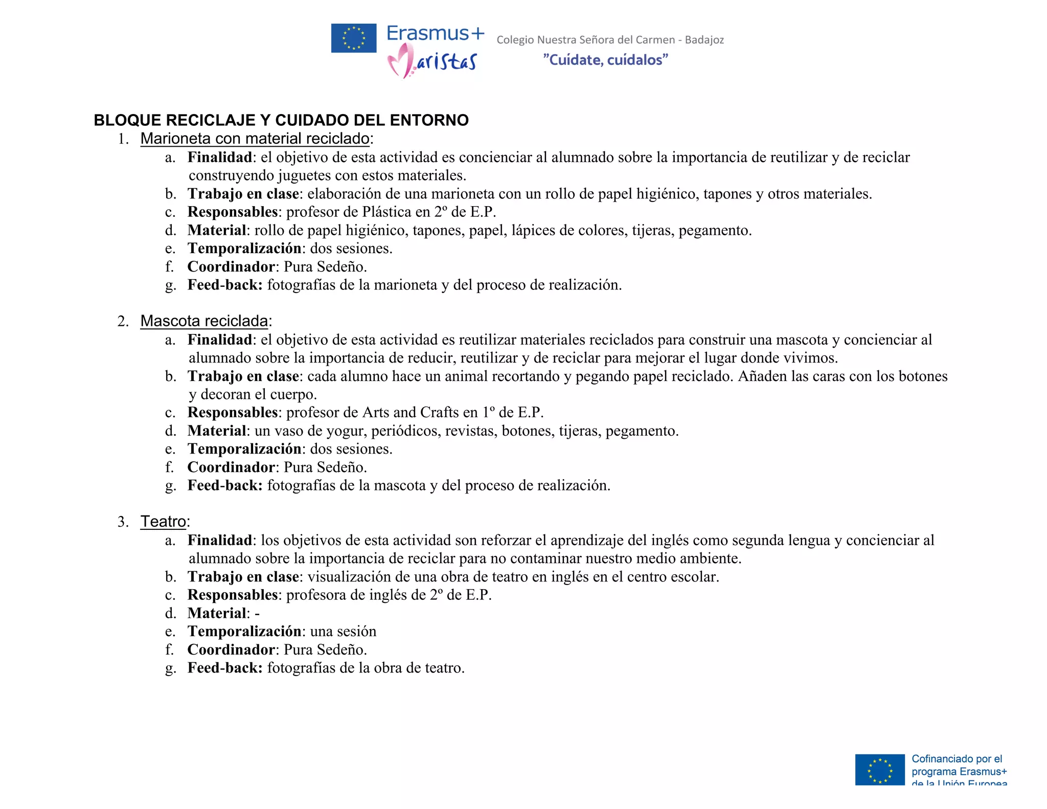 Cronograma Actividades E+ Primer Ciclo | PDF