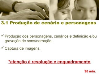 3.1 Produção de cenário e personagens
Produção dos personagens, cenários e definição e/ou
gravação de sons/narração;
Captura de imagens.
*atenção à resolução e enquadramento
90 min.
 