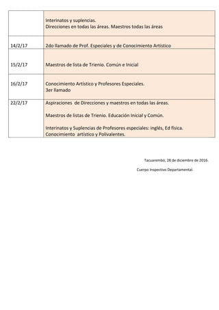 Interinatos y suplencias.
Direcciones en todas las áreas. Maestros todas las áreas
14/2/17 2do llamado de Prof. Especiales y de Conocimiento Artístico
15/2/17 Maestros de lista de Trienio. Común e Inicial
16/2/17 Conocimiento Artístico y Profesores Especiales.
3er llamado
22/2/17 Aspiraciones de Direcciones y maestros en todas las áreas.
Maestros de listas de Trienio. Educación Inicial y Común.
Interinatos y Suplencias de Profesores especiales: inglés, Ed física.
Conocimiento artístico y Polivalentes.
Tacuarembó, 28 de diciembre de 2016.
Cuerpo Inspectivo Departamental.