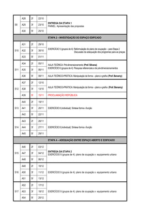 A28   2f   22/10
                         ENTREGA DA ETAPA 1
S9    A29   3f   23/10
                         PAINEL: Apresentação das propostas
      A30   5f   25/10

                         ETAPA 2 – INVESTIGAÇÃO DO ESPAÇO EDIFICADO

      A31   2f   29/10
                         EXERCÍCIO 5 (grupos de 4): Reformulação do plano de ocupação – para Etapa 2
S10   A32   3f   30/10
                                                    Discussão da adequação dos programas para as praças
      A33   5f   01/11

      A34   2f   05/11
                         AULA TEÓRICA: Pré-dimensionamento (Prof. Silvana)
                         EXERCÍCIO 6 (grupos de 4): Pesquisa referenciais e de pré-dimensionamentos
S11   A35   3f   06/11

      A36   5f   08/11   AULA TEÓRICO-PRÁTICA: Manipulação da forma – plano e grelha (Prof. Benamy)

      A37   2f   12/10
                         AULA TEÓRICO-PRÁTICA: Manipulação da forma – plano e grelha (Prof. Benamy)
S12   A38   3f   13/10

      A39   5f   15/11   PROCLAMAÇÃO REPÚBLICA

      A40   2f   19/11

S13   A41   3f   20/11   EXERCÍCIO 8 (individual): Síntese forma x função

      A42   5f   22/11

      A43   2f   26/11

S14   A44   3f   27/11   EXERCÍCIO 8 (individual): Síntese forma x função

      A45   5f   29/11

                         ETAPA 4 – ADEQUAÇÃO ENTRE ESPAÇO ABERTO E EDIFICADO

      A46   2f   03/12
                         ENTREGA DA ETAPA 2
S15   A47   3f   04/12
                         EXERCÍCIO 9 (grupos de 4): plano de ocupação x equipamento urbano
      A48   5f   06/12

      A49   2f   10/12

S16   A50   3f   11/12   EXERCÍCIO 9 (grupos de 4): plano de ocupação x equipamento urbano

      A51   5f   13/12

      A52   2f   17/12

S17   A53   3f   18/12   EXERCÍCIO 9 (grupos de 4): plano de ocupação x equipamento urbano

      A54   5f   20/12
 