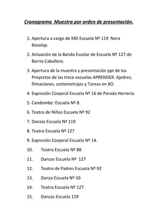 Cronograma Muestra por orden de presentación.


 1. Apertura a cargo de MD Escuela Nº 119 Nora
    Kosolap.
 2. Actuación de la Banda Escolar de Escuela Nº 127 de
    Barrio Caballero.
 3. Apertura de la muestra y presentación ppt de los
    Proyectos de las trece escuelas APRENDER. Ajedrez,
    filmaciones, cortometrajes y Tareas en XO.
 4. Expresión Corporal Escuela Nº 16 de Parada Herrería.
 5. Candombe: Escuela Nº 8.
 6. Teatro de Niños Escuela Nº 92
 7. Danzas Escuela Nº 119
 8. Teatro Escuela Nº 127
 9. Expresión Corporal Escuela Nº 14.
 10.    Teatro Escuela Nº 88
 11.    Danzas Escuela Nº 127
 12.    Teatro de Padres Escuela Nº 92
 13.    Danza Escuela Nº 10
 14.    Teatro Escuela Nº 127
 15.    Danzas Escuela 119
 