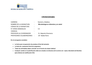 ESCUELA DE NUTRICIÓN Y DIETÉTICA
CRONOGRAMA
CARRERA : Nutrición y Dietética
NOMBRE DE LA ASIGNATURA : Microbiología en alimentos y en salud
CÓDIGO DE LA ASIGNATURA :
N° HORAS SEMANALES : 4,5
VIGENCIA :
PROFESOR (A) COORDINADOR : Dr. Alejandro Dinamarca
PROFESORES COLABORADORES : QF. Natalia Romo
En el cronograma considere:
 La fecha para recuperación de pruebas al final del semestre
 La fecha de evaluación final de la asignatura
 Todas las actividades deben coincidir con el horario de clases habitual
 Cualquier cambio en la planificación debe ser avisada a la directora de la carrera con copia a Secretaria de Estudios
(para efectos de modificación ICA)
 