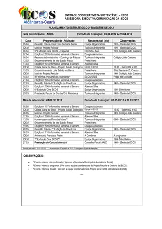 ENTIDADE COOPERATIVISTA SUSTENTÁVEL – ECOS
                                                     ASSESSORIA EXECUTIVA/COMUNICAÇÃO DA ECOS


                                PLANEJAMENTO ESTRATÉGICO 2º BIMESTRE DE 2012

Mês de referência: ABRIL                                              Período de Execução: 05.04.2012 A 29.04.2012

   Data                  Programação de Atividade                                    Responsável (eis)        Observações
05.04         Reunião Prévia- Cine Ecos Semana Santa                             Equipe Organizadora     19H – Sede da ECOS
IDEM          Mutirão Projeto Reciclar                                           Todos os Integrantes    19H – Sede da ECOS
06.04         5ª Exibição Cine ECOS – Especial                                   ECOS/GJ.SAC             19H- Colégio João Caetano
07.04         Edição nº 103 informativo semanal o Serrano                        Douglas Alcântara
08.04         Recesso Administrativo – Domingo de Páscoa                         Todos os integrantes    Colégio João Caetano
12.02         Encaminhamento de lote Sabão Pasta                                 Freire/Ivana
14.03         Edição nº 104 informativo semanal o Serrano                        Aderson Silva
IDEM          Coleta Geral de Óleo – Projeto Sabão Ecologico                     Equipe da ECOS          16:30 - Setor 002 e 003
15.03         Encaminhamento Lote Sabão em Barra                                 Freire/Ivana            Sitio Santana- D. Creuza
IDEM          Mutirão Projeto Reciclar                                           Todos os Integrantes    14H- Colégio João Caetano
18.03         II Feirinha Artesanal de Alcântaras*¹                              ECOS/STDS               Praça do Mercado
21.03         Edição nº 105 informativo semanal o Serrano                        Douglas Alcântara
22.03         Reunião Prévia- 6ª Exibição do Cine Ecos                           Equipe Organizadora     14H – Sede da ECOS
28.03         Edição nº 106 informativo semanal o Serrano                        Aderson Silva
IDEM          6ª Exibição Cine ECOS                                              Equipe Organizadora     19H- Sitio Norte
29.03         Prestação Parcial de Contas/Ent. Relatórios                        Todos os Integrantes    14H – Sede da ECOS

Mês de referência: MAIO DE 2012                                                  Período de Execução: 05.05.2012 à 27.03.2012

05.05         Edição nº 107 informativo semanal o Serrano                        Douglas Alcântara
IDEM          Coleta Geral de Óleo – Projeto Sabão Ecologico                     Equipe da ECOS          16:30 - Setor 002 e 003
06.05         Mutirão Projeto Reciclar                                           Todos os Integrantes    14H- Colégio João Caetano
12.05         Edição nº 108 informativo semanal o Serrano                        Aderson Silva
13.05         Homenagem ao Dias das Mães*²                                       Todos os Integrantes    09H – Sede da ECOS
IDEM          Encaminhamento de lote Sabão Pasta                                 Freire/Ivana
19.05         Edição nº 109 informativo semanal o Serrano                        Douglas Alcântara
20.05         Reunião Prévia- 7ª Exibição do Cine Ecos                           Equipe Organizadora     14H – Sede da ECOS
26.03         Edição nº 110 informativo semanal o Serrano                        Aderson Silva
IDEM          Aniversário Francisco Freire                                       A Combinar              A programar
IDEM          7ª Exibição Cine ECOS*³                                            Equipe Organizadora     19H- Sitio Belém
27.03         Prestação de Contas bimestral                                      Conselho Fiscal/ AAEC   14H – Sede da ECOS

Emitido pelo sAcEs 2010-2012©   Atualizado em 02 de abril de 2012 - Cronograma Sujeito à alterações



OBSERVAÇÕES:

            ¹ Evento externo não confirmado ( Ver com a Secretaria Municipal de Assistência Social)
            ² Evento interno a programar. ( Ver com a equipe coordenadora do Projeto Reciclar e Diretoria da ECOS)
            ³ Evento interno a discutir ( Ver com a equipe coordenadora do Projeto Cine ECOS e Diretoria da ECOS)

                                                                           ***
 