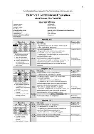 1
FACULTAD DE CIENCIAS SOCIALES Y POLÍTICAS. CICLO DE PROFESORADO. 2013

PRÁCTICA E INVESTIGACIÓN EDUCATIVA
CRONOGRAMA DE ...