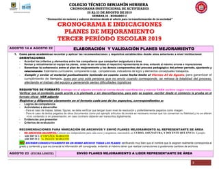 COLEGIO TÉCNICO BENJAMÍN HERRERA
CRONOGRAMA INSTITUCIONAL DE ACTIVIDADES
20 AL 23 DE AGOSTO DE 2019
SEMANA 28 - HORARIO 2
“Formación en valores y saberes técnicos desde el afecto para la transformación de la sociedad”
3
CRONOGRAMA E INDICACIONES
PLANES DE MEJORAMIENTO
TERCER PERÍODO ESCOLAR 2019
AGOSTO 14 A AGOSTO 22 ELABORACIÓN Y VALIDACIÓN PLANES MEJORAMIENTO
1. Como pares académicos recordar y aplicar las recomendaciones y requisitos establecidos desde años anteriores a nivel institucional.
ORIENTACIONES
- Acordar los criterios y elementos entre los compañeros que comparten asignatura o área
- Revisar y retroalimentar en equipo los planes, antes de ser enviadas al respectivo representante de área, evitando al máximo errores e imprecisiones
- Garantizar la coherencia entre el plan de mejoramiento y los demás componentes del proceso pedagógico del primer período, ajustando y
relacionando: Estándares curriculares, componente o eje, competencias, indicadores de logro y elementos conceptuales trabajados.
- Cumplir y enviar el material puntualmente teniendo en cuenta como fecha límite el Viernes 23 de Agosto, para garantizar el
cumplimiento de tiempos, pues por una sola persona que no envíe cuando corresponde, se retrasa la totalidad del proceso,
afectando el trabajo del equipo y generando serias dificultades logísticas
REQUISITOS DE FORMATO (trabajar en el adjunto enviado al correo desde coordinación y marcar CADA archivo según recomendaciones).
Verificar que el contenido quede acorde a lo planteado y sin desconfigurarse, para esto se sugiere escribir desde el comienzo la prueba en el
formato oficial VER adjunto
Registrar y diligenciar claramente en el formato cada uno de los aspectos, correspondientes a:
- Logros de competencia
- Actividades a desarrollar
- Para el caso de mapas, tablas, figuras, se debe verificar que tengan buen nivel de resolución y preferiblemente pegarlos como imagen.
- Para el caso de textos pegados de otros documentos como por ejemplo artículos de revista es necesario revisar que los conservan su fidelidad y no se alteran
. ni en contenido ni en presentación, en caso contrario deberán ser transcritos digitalmente.
- Evidencias por presentar
- Criterios de evaluación
RECOMENDACIONES PARA MARCACIÓN DE ARCHIVOS Y ENVIÓ PLANES MEJORAMIENTO AL REPRESENTANTE DE ÁREA
- EN ARCHIVOS ADJUNTOS: Generar uno independiente para cada curso y asignatura, marcándolo así CURSO, ASIGNATURA, Y DOCENTE QUE ENVIA Ejemplo:
- ARCHIVO 1: 6º ESPAÑOL MARGOTH
- ARCHIVO 2: 7o INGLÉS MARGOTH
NO ESCRIBIR CONSECUTIVAMENTE EN UN MISMO ARCHIVO TODAS LOS PLANES verificando muy bien que el nombre que le asignen realmente corresponda al
grado y contenido y que es correcta la información allí consignada, evitando al máximo tener que realizar correcciones o posteriores cambios de archivos
AGOSTO 23 (FECHA LIMITE) ENVIO PLANES MEJORAMIENTO A LIDER REPRESENTANTE DE ÁREA
 