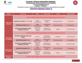 COLEGIO TÉCNICO BENJAMÍN HERRERA
CRONOGRAMA INSTITUCIONAL DE ACTIVIDADES
4 AL 8 DE FEBRERO DE 2019
SEMANA 3 - HORARIO 1
“Formación en valores y saberes técnicos desde el afecto para la transformación de la sociedad”
13
FECHA ACTIVIDAD HORA PARTICIPAN LUGAR RESPONSABLE
LUNES 04 DE
FEBRERO
DÍA DE LA BUENA ALIMENTACIÓN: LUNES SALUDABLE Resolución 2092 de 2015
REUNIÓN DE GRADO 6°, 7° Y 8° J.M.
Según
programación
Docentes de
grado
Sala de profesores Coordinación
REUNIÓN DE GRADO 6° J.T.
Según
programación
Docentes de
grado
Sala de profesores Coordinación
PROCESO DE SENSIBILIZACIÓN
GOBIERNO ESCOLAR
Durante las
clases de
sociales
Estudiantes y
área de sociales
Salones Área de Sociales
MARTES 05
DE FEBRERO
DÍA DE LA BUENA ALIMENTACIÓN: MARTES SALUDABLE Resolución 2092 de 2015
REUNIÓN REPRESENTANTES DE
CURSO
8:10 a.m.
Estudiantes
representantes
Auditorio Comité electoral
REUNIÓN DE GRADO 7° J.T.
Según
programación
Docentes de
grado
Sala de profesores Coordinación
PROCESO DE SENSIBILIZACIÓN
GOBIERNO ESCOLAR
Durante las
clases de
sociales
Estudiantes y
área de sociales
Salones Área de Sociales
MIÉRCOLES 06
DE FEBRERO
REUNIÓN DE GRADO 8° J.T.
Según
programación
Docentes de
grado
Sala de profesores Coordinación
PROCESO DE SENSIBILIZACIÓN
GOBIERNO ESCOLAR
Durante las
clases de
sociales
Estudiantes y
área de sociales
Salones Área de Sociales
JUEVES 07 DE
FEBRERO
DÍA DE LA BUENA ALIMENTACIÓN: JUEVES SALUDABLE Resolución 2092 de 2015
 