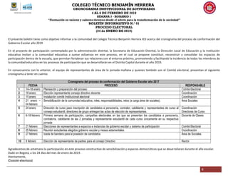 COLEGIO TÉCNICO BENJAMÍN HERRERA
CRONOGRAMA INSTITUCIONAL DE ACTIVIDADES
4 AL 8 DE FEBRERO DE 2019
SEMANA 3 - HORARIO 1
“Formación en valores y saberes técnicos desde el afecto para la transformación de la sociedad”
6
BOLETÍN INFORMATIVO N.° 01
PROCESO ELECTORAL
(24 de ENERO DE 2019)
El presente boletín tiene como objetivo informar a la comunidad del Colegio Técnico Benjamín Herrera IED acerca del cronograma del proceso de conformación del
Gobierno Escolar año 2019
En el proyecto de participación contemplado por la administración distrital, la Secretaria de Educación Distrital, la Dirección Local de Educación y la institución
educativa invitan a la comunidad educativa a sumar esfuerzos en este proceso, en el cual se propone constituir, reconstruir y consolidar los espacios de
participación dentro de la escuela, que permitan fortalecer sus relaciones con el entorno próximo, promoviendo y facilitando la incidencia de todos los miembros de
la comunidad educativa en los procesos de participación que se desarrollarán en el Distrito Capital durante el año 2019.
En consecuencia con lo anterior, el equipo de representantes de área de la jornada mañana y quienes también son el Comité electoral, presentan el siguiente
cronograma a tener en cuenta:
Cronograma del proceso de conformación del Gobierno Escolar año 2017
FECHA PROCESO RESPONSABLE
1 14–18 enero Planeación y preparación del proceso Comité Electoral
2 18 enero Elección representante consejo directivo docente Coordinación
3 15 enero Instalación comité Institucional electoral Coordinación
4 21 enero –
04 febrero
Sensibilización de la comunidad educativa, roles, responsabilidades, retos (a cargo área de sociales). Área Sociales
5 24 enero Dirección de curso para inscripción de candidatos a personería, contralor, cabildante y representantes de curso al
consejo estudiantil, directores de grupo entregan las actas de elección de representantes.
Coordinación
Directores de Curso
6 6-18 febrero Primera semana de participación, campañas electorales en las que se presentan los candidatos a personería,
contraloría, cabildante de las 2 jornadas y representante estudiantil de cada curso únicamente en su respectiva
jornada
Docente de Clases
7 21 febrero Elecciones de representantes a espacios e instancias de gobierno escolar y sistema de participación Comité Electoral
8 25 febrero Reunión estudiantes elegidos gobierno escolar y mesas estamentales Coordinación
9 27 febrero Izada de bandera para la posesión de candidatos Área de Sociales
10 8 febrero Elección de representante de padres para el consejo Directivo Rector
Agradecemos de antemano la participación en este proceso constructivo de sensibilización y espacios democráticos que se desarrollaran durante el año escolar.
Dado en Bogotá, a los 24 días del mes de enero de 2019.
Atentamente,
Comité electoral
 