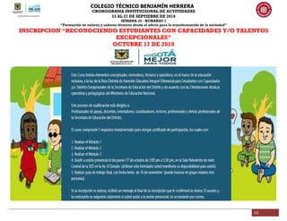 COLEGIO TÉCNICO BENJAMÍN HERRERA
CRONOGRAMA INSTITUCIONAL DE ACTIVIDADES
23 AL 27 DE SEPTIEBRE DE 2019
SEMANA 33 - HORARIO 1
“Formación en valores y saberes técnicos desde el afecto para la transformación de la sociedad”
10
INSCRIPCION “RECONOCIENDO ESTUDIANTES CON CAPACIDADES Y/O TALENTOS
EXCEPCIONALES”
OCTUBRE 17 DE 2019
 