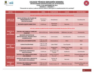 COLEGIO TÉCNICO BENJAMÍN HERRERA
CRONOGRAMA INSTITUCIONAL DE ACTIVIDADES
23 AL 27 DE SEPTIEBRE DE 2019
SEMANA 33 - HORARIO 1
“Formación en valores y saberes técnicos desde el afecto para la transformación de la sociedad”
12
FECHA ACTIVIDAD HORA PARTICIPAN LUGAR RESPONSABLE
LUNES 23 DE
SEPTIEMBRE
DÍA DE LA BUENA ALIMENTACIÓN: LUNES SALUDABLE Resolución 2092 de 2015
INICIO ENTREGA DE PLANES DE
MEJORAMIENTO 3P Y
SUSTENTACIONES
Durante la
jornada
Estudiantes N/A Coordinación
REUNIÓN EQUIPO DIRECTIVO 11:00 a.m.
Directivos
docentes
Rectoría Rector
MARTES 24
DE
SEPTIEMBRE
DÍA DE LA BUENA ALIMENTACIÓN: MARTES SALUDABLE Resolución 2092 de 2015
ESCUELA DE FAMILIA “FAMILIAS
FUERTES”
6:30 a 8:10 a.m. Padres de familia Biblioteca 1er piso Orientación
REUNIÓN DOCENTES DE
BIOTECNOLOGÍA, INSTRUCTOR Y
COORDINACIÓN
11:00 a.m. Convocados Coordinación Coordinación
MIÉRCOLES 25
DE
SEPTIEMBRE
RED LOCAL DE ORIENTACIÓN
7:00 a.m. J.M.
4:30 p.m. J.T.
Orientadores DILE DILE
CAPACITACIÓN PRAE
7:30 a.m. J.M.
1:00 p.m. J.T.
Líder PRAE Casa España SED
REUNIÓN NODO 25 10:30 a.m.
Integrantes
NODO
Colegio Luis Vargas
Tejada
SED
COMITÉ DE CONVIVENCIA
INSTITUCIONAL
11:00 a.m.
Integrantes del
comité
Auditorio Coordinador
JUEVES 26 DE
SEPTIEMBRE
ESCUELA DE FAMILIA EDUCANDO
CON ENERGÍA
7:00 a.m. J.M.
4:30 p.m. J.T.
Padres Grado 8°,
9° y 11°
Auditorio
Proyecto Educando con
Energía
EQUIPO DE GESTIÓN Y PROYECTO
EDUCANDO CON ENERGIA
11:00 a.m.
Equipo de
Gestión
Rectoría Rector
VIERNES 27
DE
SEPTIEMBRE
ESCUELA DE FAMILIA EDUCANDO
CON ENERGÍA
7:00 a.m. J.M.
4:30 a.m. J.T.
Padres Grado 10° Biblioteca 1er piso
Proyecto Educando con
Energía
 
