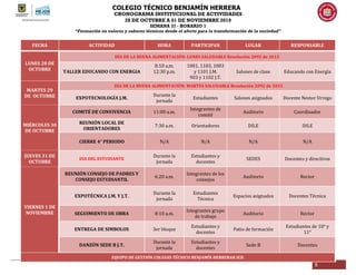 COLEGIO TÉCNICO BENJAMÍN HERRERA
CRONOGRAMA INSTITUCIONAL DE ACTIVIDADES
28 DE OCTUBRE A 01 DE NOVIEMBRE 2019
SEMANA 37 - HORARIO 1
“Formación en valores y saberes técnicos desde el afecto para la transformación de la sociedad”
5
FECHA ACTIVIDAD HORA PARTICIPAN LUGAR RESPONSABLE
LUNES 28 DE
OCTUBRE
DÍA DE LA BUENA ALIMENTACIÓN: LUNES SALUDABLE Resolución 2092 de 2015
TALLER EDUCANDO CON ENERGIA
8:10 a.m.
12:30 p.m.
1001, 1103, 1003
y 1101 J.M.
903 y 1102 J.T.
Salones de clase Educando con Energía
MARTES 29
DE OCTUBRE
DÍA DE LA BUENA ALIMENTACIÓN: MARTES SALUDABLE Resolución 2092 de 2015
EXPOTECNOLOGÍA J.M.
Durante la
jornada
Estudiantes Salones asignados Docente Nestor Urrego
MIÉRCOLES 30
DE OCTUBRE
COMITÉ DE CONVIVENCIA 11:00 a.m.
Integrantes de
comité
Auditorio Coordinador
REUNIÓN LOCAL DE
ORIENTADORES
7:30 a.m. Orientadores DILE DILE
CIERRE 4° PERIODO N/A N/A N/A N/A
JUEVES 31 DE
OCTUBRE
DIA DEL ESTUDIANTE
Durante la
jornada
Estudiantes y
docentes
SEDES Docentes y directivos
VIERNES 1 DE
NOVIEMBRE
REUNIÓN CONSEJO DE PADRES Y
CONSEJO ESTUDIANTIL
6:20 a.m.
Integrantes de los
consejos
Auditorio Rector
EXPOTÉCNICA J.M. Y J.T.
Durante la
jornada
Estudiantes
Técnica
Espacios asignados Docentes Técnica
SEGUIMIENTO DE OBRA 8:10 a.m.
Integrantes grupo
de trabajo
Auditorio Rector
ENTREGA DE SIMBOLOS 3er bloque
Estudiantes y
docentes
Patio de formación
Estudiantes de 10° y
11°
DANZÓN SEDE B J.T.
Durante la
jornada
Estudiantes y
docentes
Sede B Docentes
EQUIPO DE GESTIÓN COLEGIO TÉCNICO BENJAMÍN HERRERAR IED.
 