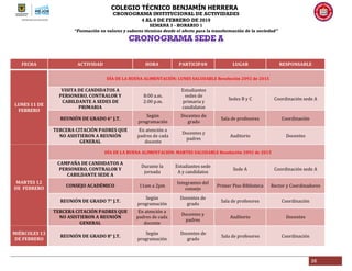 COLEGIO TÉCNICO BENJAMÍN HERRERA
CRONOGRAMA INSTITUCIONAL DE ACTIVIDADES
4 AL 8 DE FEBRERO DE 2019
SEMANA 3 - HORARIO 1
“Formación en valores y saberes técnicos desde el afecto para la transformación de la sociedad”
26
FECHA ACTIVIDAD HORA PARTICIPAN LUGAR RESPONSABLE
LUNES 11 DE
FEBRERO
DÍA DE LA BUENA ALIMENTACIÓN: LUNES SALUDABLE Resolución 2092 de 2015
VISITA DE CANDIDATOS A
PERSONERO, CONTRALOR Y
CABILDANTE A SEDES DE
PRIMARIA
8:00 a.m.
2:00 p.m.
Estudiantes
sedes de
primaria y
candidatos
Sedes B y C Coordinación sede A
REUNIÓN DE GRADO 6° J.T.
Según
programación
Docentes de
grado
Sala de profesores Coordinación
TERCERA CITACIÓN PADRES QUE
NO ASISTIERON A REUNIÓN
GENERAL
En atención a
padres de cada
docente
Docentes y
padres
Auditorio Docentes
MARTES 12
DE FEBRERO
DÍA DE LA BUENA ALIMENTACIÓN: MARTES SALUDABLE Resolución 2092 de 2015
CAMPAÑA DE CANDIDATOS A
PERSONERO, CONTRALOR Y
CABILDANTE SEDE A
Durante la
jornada
Estudiantes sede
A y candidatos
Sede A Coordinación sede A
CONSEJO ACADÉMICO 11am a 2pm
Integrantes del
consejo
Primer Piso Biblioteca Rector y Coordinadores
REUNIÓN DE GRADO 7° J.T.
Según
programación
Docentes de
grado
Sala de profesores Coordinación
TERCERA CITACIÓN PADRES QUE
NO ASISTIERON A REUNIÓN
GENERAL
En atención a
padres de cada
docente
Docentes y
padres
Auditorio Docentes
MIÉRCOLES 13
DE FEBRERO
REUNIÓN DE GRADO 8° J.T.
Según
programación
Docentes de
grado
Sala de profesores Coordinación
 