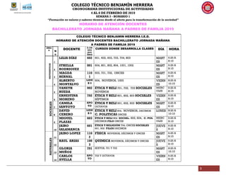 COLEGIO TÉCNICO BENJAMÍN HERRERA
CRONOGRAMA INSTITUCIONAL DE ACTIVIDADES
4 AL 8 DE FEBRERO DE 2019
SEMANA 3 - HORARIO 1
“Formación en valores y saberes técnicos desde el afecto para la transformación de la sociedad”
3
HORARIO DE ATENCIÓN DOCENTES
BACHILLERATO JORNADA MAÑANA A PADRES DE FAMILIA 2019
COLEGIO TÉCNICO BENJAMIN HERRERA I.E.D.
HORARIO DE ATENCIÓN DOCENTES BACHILLERATO JORNADA MAÑANA
A PADRES DE FAMILIA 2019
ÁREA
S N
o
DOCENTE
D.GR
UPO
JEFE
ÁREA
CURSOS DONDE DESARROLLA CLASES DÍA HORAMATEMÁTICAS
1
LILIA DÍAZ 602 601, 602, 603, 703, 704, 803 MART
ES
6:20 A
8:10
2
STHELLA
RODRIGUEZ
801 604, 801, 802, 804, 1001, 1002 MART
ES
6:20 A
8:10
3
MAGDA
BERNAL
110
1
603, 701, 702, ONCES MART
ES
6:20 A
8:10
4
ALBERTO
MONTALVO
LIDE
R 6
604, NOVENOS, 1003 VIERN
ES
8:20 A
10:10
SOCIALES
SOCIALES
5
YANETH
RUEDA
902 ÉTICA Y RELI 701, 702, 703 SOCIALES
NOVENOS
MIERC
OLES
6:20 A
8:10
6
ERNESTINA
MORENO
702 ÉTICA Y RELI 801, 802, 803 SOCIALES
SÉPTIMOS
VIERN
ES
6:20 A
8:10
7
CAMILA
SANTOYO
APO
YO
ÉTICA Y RELI 601, 602, 603 SOCIALES
OCTAVOS
MART
ES
6:20 A
8:10
8
DAVID
CERERO
LIDE
R 9
ÉTICA Y RELI 604, NOVENOS, DECIMOS
C. POLITICAS ONCES
LUNES 8:20 A
10:10
9
MIGUEL
PLAZAS
603 ÉTICA Y RELI 804 SOCIAL. 603, 604, C. POL
DÉCIMOS FILO ONCES
MIERC
OLES
6:20 A
8:10
10
JAIRO
SALAMANCA
601 ÉTICA Y RELIGIÓN 704, ONCES SOCIALES
601, 602 FILOS DECIMOS
JUEVE
S
6:20 A
8:10
NATURALES
11
JAIRO LOPEZ 110
2
FÍSICA NOVENOS, DÉCIMOS Y ONCES MART
ES
6:20 A
8:10
12
RAUL ARIAS 100
3
QUIMICA NOVENOS, DÉCIMOS Y ONCES JUEVE
S
6:20 A
8:10
13
GLORIA
MUÑOZ
701 SEXTOS, 701 Y 702 MART
ES
8:20 A
10:10
14
CARLOS
AVELLA
APO
YO
702 Y OCTAVOS VIERN
ES
6:20 A
8:10
 