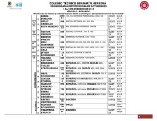 COLEGIO TÉCNICO BENJAMÍN HERRERA
CRONOGRAMA INSTITUCIONAL DE ACTIVIDADES
4 AL 8 DE FEBRERO DE 2019
SEMANA 3 - HORARIO 1
“Formación en valores y saberes técnicos desde el afecto para la transformación de la sociedad”
4
15
DIANA
PIRACON
LIDE
R 7
703, 704 NOVENOS TECNOLOGIA 1002,1102 JUEVE
S
8:20 A
10:10
INFO
R
MÁT
ICA
16
NELLY
CARRILLO
804 SEXTOS, SÉPTIMOS, 801, 802, 804 JUEVE
S
6:20 A
8:10
17
RUTH MORENO LIDE
R 10
803, NOVENOS, DÉCIMOS Y ONCES JUEVE
S
10:30 A
12:20
TEC
NO
LOGI
A
18
NESTOR
URREGO
804 SEXTOS, OCTAVOS , 1001 Y 1003 MART
ES
8:20 A
10:10
19
HECTOR
PRIETO
704 SÉPTIMOS, NOVENOS, 1101 Y 1103 MART
ES
8:20 A
10:10
DIBU
JO
20
HELI
MARTINEZ
903 SÉPTIMOS, 803, 804, 902, 903, 904, 1003 , Y 1103 JUEVE
S
6:20 A
8:10
MÚSI
CA
21
ANA MARÍA
CALA
LIDE
R 8
SEXTOS, 801, 802, 901, 1001, 1002, 1101, 1102 VIERN
ES
6:20 A
8:10
EDU
.
FÍSI
CA
22
JAVIER
RODRIGUEZ
110
3
SEXTOS, OCTAVOS Y ONCES MART
ES
6:20 A
8:10
23
WILMAR
LATORRE
904 SÉPTIMOS, NOVENOS Y DECIMOS LUNES 6:20 A
8:10
HUMANIDADES
24
HERNANDO
TELLEZ
604 ESPAÑOL 601, ONCES INGLÉS 603,
604
MART
ES
6:20 A
8:10
25
EFREN ARDILA LIDE
R 11
ESPAÑOL 604 INGLÉS 902, 903, 904,
ONCES
LUNES 8:20 A
10:10
26
ORFA
RODRIGUEZ
100
1
ESPAÑOL 603, DECIMOS INGLÉS 701 Y
702
LUNES 6:20 A
8:10
27
SANDRA
FORERO
100
2
ESPAÑOL 602 INGLÉS 803, 804, 901 Y
DECIMOS
MART
ES
6:20 A
8:10
28
MARGOT
CARRERO
802 ESPAÑOL OCTAVOS INGLÉS 703 Y 704 MART
ES
8:20 A
10:10
29
MYRIAM
PARRA
703 ESPAÑOL SÉPTIMOS, INGLÉS 601 Y 602 JUEVE
S
8:20 A
10:10
30
GLORIA
CAMARGO
901 ESPAÑOL NOVENOS INGLÉS 801 Y 802 MIERC
OLES
6:20 A
8:10
TÉCNICA
31
RAFAEL
CRISTANCHO
ELEC
TRI
DECIMO LUNES 5:30 A
6:30pm
32
MANZUR
RODRIGUEZ
ELEC
TRI
ONCE LUNES 5:30 A
6:30pm
33
VALENTINA
FRANCO
BIOT
EC
DECIMO MART
ES
5:30 A
6:30pm
 