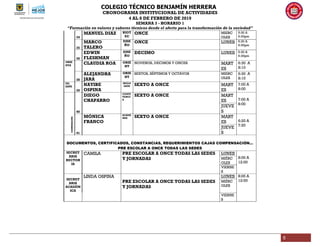 COLEGIO TÉCNICO BENJAMÍN HERRERA
CRONOGRAMA INSTITUCIONAL DE ACTIVIDADES
4 AL 8 DE FEBRERO DE 2019
SEMANA 3 - HORARIO 1
“Formación en valores y saberes técnicos desde el afecto para la transformación de la sociedad”
5
34
MANUEL DIAZ BIOT
EC
ONCE MIERC
OLES
5:30 A
6:30pm
35
MARCO
TALERO
DISE
ÑO
ONCE LUNES 5:30 A
6:30pm
36
EDWIN
FLESHMAN
DISE
ÑO
DECIMO LUNES 5:30 A
6:30pm
ORIE
NTA
CLAUDIA ROA ORIE
NT
NOVENOS, DECIMOS Y ONCES MART
ES
6:30 A
8:10
38
ALEJANDRA
JARA
ORIE
NT
SEXTOS, SÉPTIMOS Y OCTAVOS MIERC
OLES
6:30 A
8:10
ED.
ESPE
39
NAYIBE
OSPINA
INCLU
SIÓN SEXTO A ONCE MART
ES
7:00 A
8:00
COORDINACIÓN
40
DIEGO
CHAPARRO
CONVI
VENCI
A
SEXTO A ONCE MART
ES 7:00 A
8:00
JUEVE
S
41
MÓNICA
FRANCO
ACADÉ
MIA SEXTO A ONCE MART
ES 6:20 A
7:20
JUEVE
S
DOCUMENTOS, CERTIFICADOS, CONSTANCIAS, REQUERIMIENTOS CAJAS COMPENSACIÓN…
PRE ESCOLAR A ONCE TODAS LAS SEDES
SECRET
ARIA
RECTOR
IA
CAMILA PRE ESCOLAR A ONCE TODAS LAS SEDES
Y JORNADAS
LUNES
8:00 A
12:00
MIÉRC
OLES
VIERNE
S
SECRET
ARIA
ACADÉM
ICA
LINDA OSPINA
PRE ESCOLAR A ONCE TODAS LAS SEDES
Y JORNADAS
LUNES 8:00 A
12:00MIÉRC
OLES
VIERNE
S
 