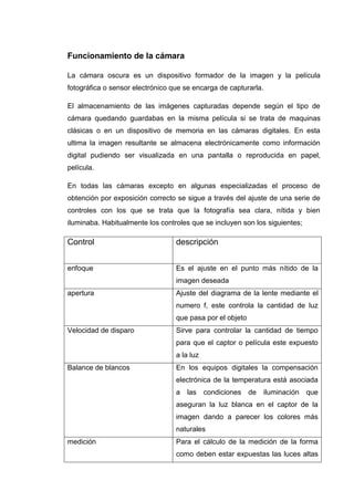 Funcionamiento de la cámara

La cámara oscura es un dispositivo formador de la imagen y la película
fotográfica o sensor electrónico que se encarga de capturarla.

El almacenamiento de las imágenes capturadas depende según el tipo de
cámara quedando guardabas en la misma película si se trata de maquinas
clásicas o en un dispositivo de memoria en las cámaras digitales. En esta
ultima la imagen resultante se almacena electrónicamente como información
digital pudiendo ser visualizada en una pantalla o reproducida en papel,
película.

En todas las cámaras excepto en algunas especializadas el proceso de
obtención por exposición correcto se sigue a través del ajuste de una serie de
controles con los que se trata que la fotografía sea clara, nítida y bien
iluminaba. Habitualmente los controles que se incluyen son los siguientes;

Control                           descripción


enfoque                           Es el ajuste en el punto más nítido de la
                                  imagen deseada
apertura                          Ajuste del diagrama de la lente mediante el
                                  numero f, este controla la cantidad de luz
                                  que pasa por el objeto
Velocidad de disparo              Sirve para controlar la cantidad de tiempo
                                  para que el captor o película este expuesto
                                  a la luz
Balance de blancos                En los equipos digitales la compensación
                                  electrónica de la temperatura está asociada
                                  a   las    condiciones   de   iluminación   que
                                  aseguran la luz blanca en el captor de la
                                  imagen dando a parecer los colores más
                                  naturales
medición                          Para el cálculo de la medición de la forma
                                  como deben estar expuestas las luces altas
 