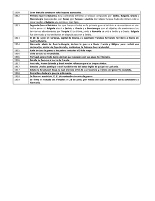 1909 Gran Bretaña construye ocho buques acorazados.
1912 Primera Guerra Balcánica. Esta contienda enfrentó al bloque compuesto por Serbia, Bulgaria, Grecia y
Montenegro (secundados por Rusia) con Turquía y Austria. Derrotada Turquía hubo de retirarse de la
zona y ceder a Bulgaria una salida al mar Egeo.
1913 Segunda Guerra Balcánica. Los que fueron aliados en la primera guerra balcánica se enzarzaron en una
lucha entre sí: Bulgaria atacó a Serbia, a Grecia y a Montenegro con el objetivo de anexionarse los
territorios abandonados por Turquía. Ésta última, junto a Rumanía se unió a Serbia y a Grecia. Bulgaria
fue derrotada y los territorios en disputa pasaron a Serbia.
1914 El 28 de junio en Sarajevo, capital de Bosnia, es asesinado Francisco Fernando heredero al trono de
Austria-Hungría.
1914 Alemania, aliada de Austria-Hungría, declara la guerra a Rusia, Francia y Bélgica, pero recibió una
declaración similar de Gran Bretaña, iniciándose la Primera Guerra Mundial.
1915 Italia declara la guerra a los países centrales el 24 de mayo.
1916 Chile declara su neutralidad.
1916 Portugal apresó todo barco alemán que navegara por sus aguas territoriales.
1916 Batalla de Somme al norte de Francia.
1917 Australia, Nueva Zelanda y Brasil envían refuerzos para las tropas aliadas.
1917 Estados Unidos participa tras el hundimiento del barco inglés de pasajeros Lusitania.
1917 Estalla la Revolución Rusa, la cual provoca el fin de la era zarista y el inicio del gobierno socialista.
1918 Costa Rica declara la guerra a Alemania.
1918 Se firma el armisticio. El 11 de noviembre termina la guerra.
1919 Se firma el tratado de Versalles el 28 de junio, por medio del cual se imponen duras condiciones a
Alemania.
 