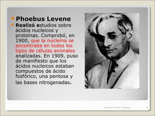 Phoebus Levene
 Realizó estudios sobre
ácidos nucleicos y
proteínas. Comprobó, en
1900, que la nucleína se
encontraba en todos los
tipos de células animales
analizadas. En 1909, puso
de manifiesto que los
ácidos nucleicos estaban
compuestos de ácido
fosfórico, una pentosa y
las bases nitrogenadas.
8Ricardo Molina- Biología
 