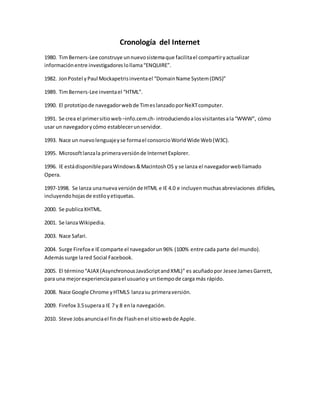 Cronología del Internet
1980. TimBerners-Lee construye unnuevosistemaque facilitael compartiryactualizar
informaciónentre investigadoreslollama“ENQUIRE”.
1982. JonPostel yPaul Mockapetrisinventael “DomainName System(DNS)”
1989. TimBerners-Lee inventael “HTML”.
1990. El prototipode navegadorwebde TimeslanzadoporNeXTcomputer.
1991. Se crea el primersitioweb –info.cem.ch- introduciendoalosvisitantesala“WWW”, cómo
usar un navegadorycómo establecerunservidor.
1993. Nace un nuevolenguajeyse formael consorcioWorldWide Web(W3C).
1995. Microsoftlanzala primeraversiónde InternetExplorer.
1996. IE estádisponibleparaWindows&MacintoshOS y se lanza el navegadorwebllamado
Opera.
1997-1998. Se lanza unanuevaversiónde HTML e IE 4.0 e incluyenmuchasabreviaciones difíciles,
incluyendohojasde estiloyetiquetas.
2000. Se publicaXHTML.
2001. Se lanzaWikipedia.
2003. Nace Safari.
2004. Surge Firefox e IEcomparte el navegadorun96% (100% entre cada parte del mundo).
Ademássurge lared Social Facebook.
2005. El término“AJAX(AsynchronousJavaScriptandXML)” es acuñadopor Jesee JamesGarrett,
para una mejorexperienciaparael usuarioy untiempode carga más rápido.
2008. Nace Google Chrome yHTML5 lanzasu primeraversión.
2009. Firefox 3.5superaa IE 7 y 8 enla navegación.
2010. Steve Jobsanunciael finde Flashenel sitiowebde Apple.