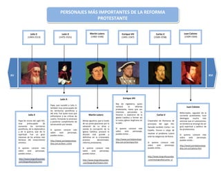 PERSONAJES MÁS IMPORTANTES DE LA REFORMA
                                                              PROTESTANTE


                 Julio II                         León X                     Martín Lutero                  Enrique VIII                       Carlos V                   Juan Calvino
               (1443-1513)                     (1475-1521)                   (1483-1546)                    (1491-1547)                      (1500-1558)                   (1509-1564)




XV                                                                                                                                                                                                    XVI




                                                León X                                                        Enrique VIII

                                                                                                      Rey de Inglaterra, quien
                                      Papa, que sucedió a Julio II,
                                                                                                      rechazó        la     reforma                                          Juan Calvino
                                      también muy preocupado de
                                                                                                      protestante, hasta que sus
                                      los territorios pontificios y
                                                                                                      intereses     personales    lo                                  Reformador, seguidor de la
                                      del arte. Fue quien tuvo que
                Julio II                                                    Martín Lutero             llevaron a separarse de la                Carlos V              corriente protestante, tuvo
                                      enfrentarse a las críticas de
                                                                                                      Iglesia Católica y formar así                                   ideologías     mucho      más
                                      Lutero, firmando la amenaza
     Papa de inicios del siglo XVI,                                   Monje agustino, que a través    la nueva Iglesia Anglicana en    Emperador de Alemania de       estrictas que el Luteranismo,
                                      y posterior cumplimiento de
     muy        preocupado       de                                   de sus preocupaciones por la    su país.                         principios del siglo XVI,      en Ginebra se encargó de ser
                                      excomunión por herejía.
     aumentar los territorios                                         salvación de su alma y                                           llamado también Carlos I en    guía espiritual y político de
     pontificios, de lo diplomático                                   viendo la corrupción de la      Si quieres conocer más                                          los protestantes.
                                      Si quieres conocer más                                                                           España. Estuvo a cargo de
     y de la guerra, que de lo                                        Iglesia Católica, provocó la    sobre     este  personaje,
                                      sobre     este  personaje,                                                                       resolver el problema Lutero
     espiritual. Fue un gran                                          división más grande y           puedes visitar…                                                 Si quieres conocer más
                                      puedes visitar…
     mecenas de los artistas más                                      definitiva en la cristiandad,                                    ante las exigencias de Roma.   sobre     este  personaje,
     famosos del renacimiento                                         proceso         denominado,     http://www.portalplanetase                                      puedes visitar…
                                      http://www.portalplanetase
     artístico.                                                       reforma protestante.            dna.com.ar/enrique.htm           Si quieres conocer más
                                      dna.com.ar/leon_x.htm
                                                                                                                                       sobre     este  personaje,     http://www.portalplanetase
     Si quieres conocer más                                           Si quieres conocer más                                           puedes visitar…                dna.com.ar/calvino.htm
     sobre     este  personaje,                                       sobre     este  personaje,
     puedes visitar…                                                  puedes visitar…
                                                                                                                                       http://www.biografiasyvidas
      http://www.biografiasyvidas                                     http://www.biografiasyvidas                                      .com/monografia/carlos_v/
     .com/biografia/j/julio.htm                                       .com/biografia/l/lutero.htm
 