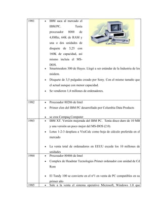 1981   •   IBM saca al mercado el
           IBM/PC.              Tenía
           procesador    8088     de
           4,8Mhz, 64K de RAM y
           una o dos unidades de
           disquete de 5,25 con
           160K de capacidad, así
           mismo incluía el MS-
           DOS.
       •   Smartmodem 300 de Hayes. Llegó a ser estándar de la Industria de los
           módem.
       •   Disquete de 3,5 pulgadas creado por Sony. Con el mismo tamaño que
           el actual aunque con menor capacidad.
       •   Se vendieron 1,4 millones de ordenadores.


1982   •   Procesador 80286 de Intel
       •   Primer clon del IBM PC desarrollado por Columbia Data Products

       •   se crea Compaq Computer
1983   •   IBM XT. Versión mejorada del IBM PC. Tenía disco duro de 10 MB
           y una versión un poco mejor del MS-DOS (2.0).
       •   Lotus 1-2-3 desplaza a VisiCalc como hoja de cálculo preferida en el
           mercado

       •   La venta total de ordenadores en EEUU excede los 10 millones de
           unidades
1984   •   Procesador 80486 de Intel
       •   Complex de Headstar Tecnologies Primer ordenador con unidad de Cd
           Rom

       •   El Tandy 100 se convierte en el nº1 en venta de PC compatibles en su
           primer año
1985   •   Sale a la venta el sistema operativo Microsoft, Windows 1.0 que
 