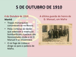 O Almirante Cândido dos Reis dirige-se aos Banhos de S. Paulo para conferenciar com os 15 companheiros que aí se encontravam. Concluíram que o golpe tinha falhado e decidem fugir. Cândido dos Reis toma o caminho de Arroios e desesperado com o fracasso suicida-se.Na rotunda da Avenida