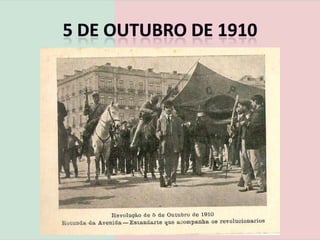 5 de Outubro de 19104 de Outubro de 1910Manhã Tropas monárquicas comandadas por Paiva Couceiro dirigem-se para uma colina acima da Rotunda, o alto da Penitenciária, e daí abrem fogo sobre os republicanos. São alvejados pelos republicanos a partir do quartel de Artilharia 1.Grupos de elementos da Carbonária dinamitam pontes, estradas e a linha-férrea para isolar Lisboa.A mãe de D. Manuel II, rainha D. Amélia e a avó, rainha D. Maria Pia, que se encontravam no palácio da Pena, em Sintra, decidem ir para Mafra juntar-se ao rei.A fuga da família real