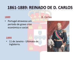 1861-1889: Reinado de D. Carlos1905Visita a Lisboa do presidente da república francesa Émile Loubet. Os republicanos aproveitam para organizar manifestações a favor da república.O Presidente francês ÉmileLoubet com a família real portuguesa1906O rei D. Carlos encarrega João Franco de formar governo.1861-1889: Reinado de D. Carlos1907 Para evitar as críticas ao governo por parte dos deputados, João Franco convence o rei a dissolver a Assembleia e a não convocar novas eleições, passando a governar em ditadura.