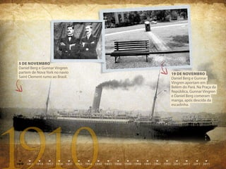 5 DE NOVEmbrO
Daniel Berg e Gunnar Vingren
partem de Nova York no navio    19 DE NOVEmbrO
Saint Clement rumo ao Brasil.   Daniel Berg e Gunnar
                                Vingren aportam em
                                Belém do Pará. Na Praça da
                                República, Gunnar Vingren
                                e Daniel Berg comeram
                                manga, após descida da
                                escadinha.




1910
 