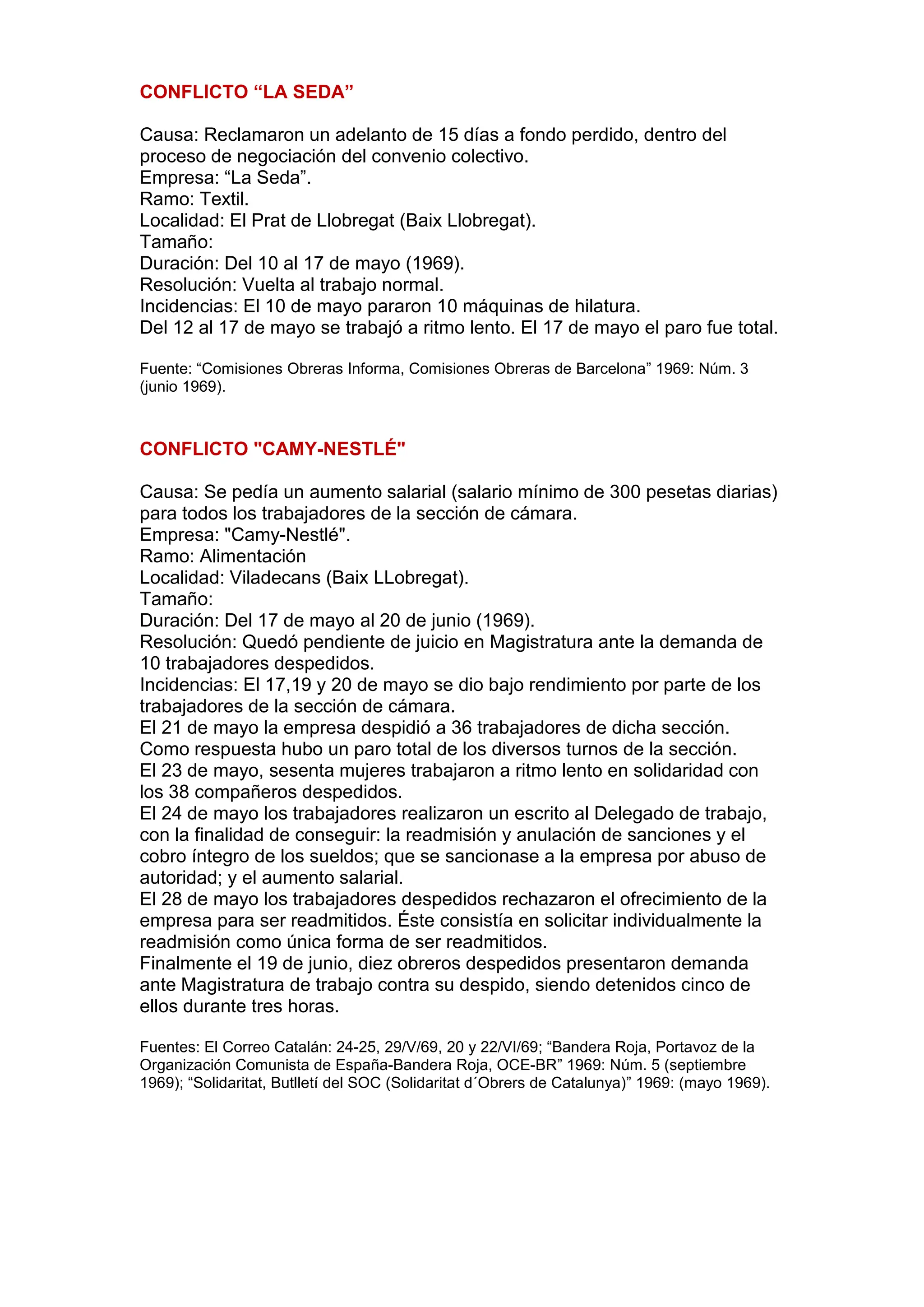 CONFLICTO “LA SEDA”
Causa: Reclamaron un adelanto de 15 días a fondo perdido, dentro del
proceso de negociación del convenio colectivo.
Empresa: “La Seda”.
Ramo: Textil.
Localidad: El Prat de Llobregat (Baix Llobregat).
Tamaño:
Duración: Del 10 al 17 de mayo (1969).
Resolución: Vuelta al trabajo normal.
Incidencias: El 10 de mayo pararon 10 máquinas de hilatura.
Del 12 al 17 de mayo se trabajó a ritmo lento. El 17 de mayo el paro fue total.
Fuente: “Comisiones Obreras Informa, Comisiones Obreras de Barcelona” 1969: Núm. 3
(junio 1969).
CONFLICTO "CAMY-NESTLÉ"
Causa: Se pedía un aumento salarial (salario mínimo de 300 pesetas diarias)
para todos los trabajadores de la sección de cámara.
Empresa: "Camy-Nestlé".
Ramo: Alimentación
Localidad: Viladecans (Baix LLobregat).
Tamaño:
Duración: Del 17 de mayo al 20 de junio (1969).
Resolución: Quedó pendiente de juicio en Magistratura ante la demanda de
10 trabajadores despedidos.
Incidencias: El 17,19 y 20 de mayo se dio bajo rendimiento por parte de los
trabajadores de la sección de cámara.
El 21 de mayo la empresa despidió a 36 trabajadores de dicha sección.
Como respuesta hubo un paro total de los diversos turnos de la sección.
El 23 de mayo, sesenta mujeres trabajaron a ritmo lento en solidaridad con
los 38 compañeros despedidos.
El 24 de mayo los trabajadores realizaron un escrito al Delegado de trabajo,
con la finalidad de conseguir: la readmisión y anulación de sanciones y el
cobro íntegro de los sueldos; que se sancionase a la empresa por abuso de
autoridad; y el aumento salarial.
El 28 de mayo los trabajadores despedidos rechazaron el ofrecimiento de la
empresa para ser readmitidos. Éste consistía en solicitar individualmente la
readmisión como única forma de ser readmitidos.
Finalmente el 19 de junio, diez obreros despedidos presentaron demanda
ante Magistratura de trabajo contra su despido, siendo detenidos cinco de
ellos durante tres horas.
Fuentes: El Correo Catalán: 24-25, 29/V/69, 20 y 22/VI/69; “Bandera Roja, Portavoz de la
Organización Comunista de España-Bandera Roja, OCE-BR” 1969: Núm. 5 (septiembre
1969); “Solidaritat, Butlletí del SOC (Solidaritat d´Obrers de Catalunya)” 1969: (mayo 1969).
 