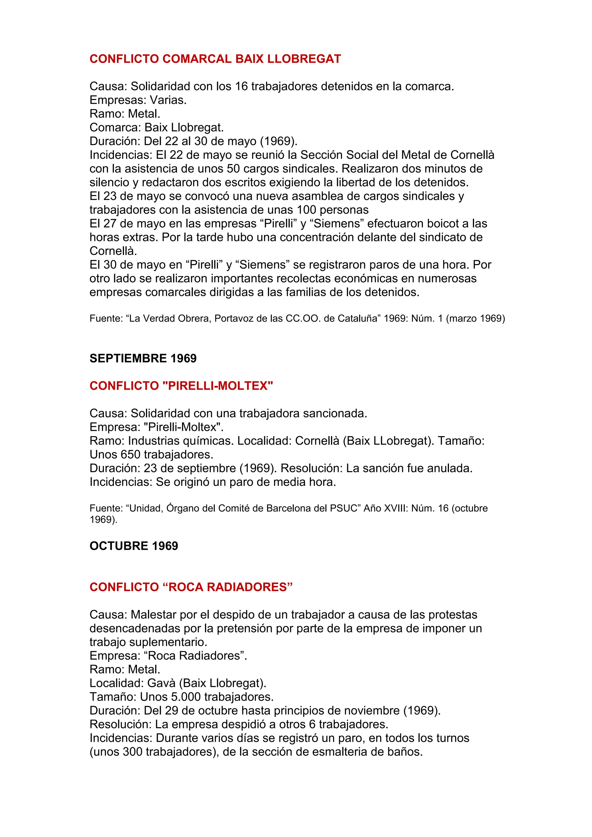 CONFLICTO COMARCAL BAIX LLOBREGAT
Causa: Solidaridad con los 16 trabajadores detenidos en la comarca.
Empresas: Varias.
Ramo: Metal.
Comarca: Baix Llobregat.
Duración: Del 22 al 30 de mayo (1969).
Incidencias: El 22 de mayo se reunió la Sección Social del Metal de Cornellà
con la asistencia de unos 50 cargos sindicales. Realizaron dos minutos de
silencio y redactaron dos escritos exigiendo la libertad de los detenidos.
El 23 de mayo se convocó una nueva asamblea de cargos sindicales y
trabajadores con la asistencia de unas 100 personas
El 27 de mayo en las empresas “Pirelli” y “Siemens” efectuaron boicot a las
horas extras. Por la tarde hubo una concentración delante del sindicato de
Cornellà.
El 30 de mayo en “Pirelli” y “Siemens” se registraron paros de una hora. Por
otro lado se realizaron importantes recolectas económicas en numerosas
empresas comarcales dirigidas a las familias de los detenidos.
Fuente: “La Verdad Obrera, Portavoz de las CC.OO. de Cataluña” 1969: Núm. 1 (marzo 1969)
SEPTIEMBRE 1969
CONFLICTO "PIRELLI-MOLTEX"
Causa: Solidaridad con una trabajadora sancionada.
Empresa: "Pirelli-Moltex".
Ramo: Industrias químicas. Localidad: Cornellà (Baix LLobregat). Tamaño:
Unos 650 trabajadores.
Duración: 23 de septiembre (1969). Resolución: La sanción fue anulada.
Incidencias: Se originó un paro de media hora.
Fuente: “Unidad, Órgano del Comité de Barcelona del PSUC” Año XVIII: Núm. 16 (octubre
1969).
OCTUBRE 1969
CONFLICTO “ROCA RADIADORES”
Causa: Malestar por el despido de un trabajador a causa de las protestas
desencadenadas por la pretensión por parte de la empresa de imponer un
trabajo suplementario.
Empresa: “Roca Radiadores”.
Ramo: Metal.
Localidad: Gavà (Baix Llobregat).
Tamaño: Unos 5.000 trabajadores.
Duración: Del 29 de octubre hasta principios de noviembre (1969).
Resolución: La empresa despidió a otros 6 trabajadores.
Incidencias: Durante varios días se registró un paro, en todos los turnos
(unos 300 trabajadores), de la sección de esmalteria de baños.
 