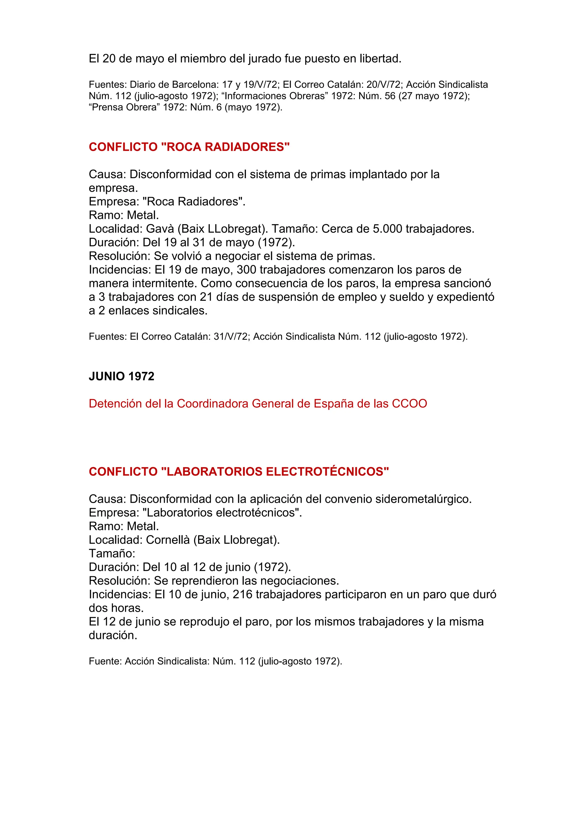 El 20 de mayo el miembro del jurado fue puesto en libertad.
Fuentes: Diario de Barcelona: 17 y 19/V/72; El Correo Catalán: 20/V/72; Acción Sindicalista
Núm. 112 (julio-agosto 1972); “Informaciones Obreras” 1972: Núm. 56 (27 mayo 1972);
“Prensa Obrera” 1972: Núm. 6 (mayo 1972).
CONFLICTO "ROCA RADIADORES"
Causa: Disconformidad con el sistema de primas implantado por la
empresa.
Empresa: "Roca Radiadores".
Ramo: Metal.
Localidad: Gavà (Baix LLobregat). Tamaño: Cerca de 5.000 trabajadores.
Duración: Del 19 al 31 de mayo (1972).
Resolución: Se volvió a negociar el sistema de primas.
Incidencias: El 19 de mayo, 300 trabajadores comenzaron los paros de
manera intermitente. Como consecuencia de los paros, la empresa sancionó
a 3 trabajadores con 21 días de suspensión de empleo y sueldo y expedientó
a 2 enlaces sindicales.
Fuentes: El Correo Catalán: 31/V/72; Acción Sindicalista Núm. 112 (julio-agosto 1972).
JUNIO 1972
Detención del la Coordinadora General de España de las CCOO
CONFLICTO "LABORATORIOS ELECTROTÉCNICOS"
Causa: Disconformidad con la aplicación del convenio siderometalúrgico.
Empresa: "Laboratorios electrotécnicos".
Ramo: Metal.
Localidad: Cornellà (Baix Llobregat).
Tamaño:
Duración: Del 10 al 12 de junio (1972).
Resolución: Se reprendieron las negociaciones.
Incidencias: El 10 de junio, 216 trabajadores participaron en un paro que duró
dos horas.
El 12 de junio se reprodujo el paro, por los mismos trabajadores y la misma
duración.
Fuente: Acción Sindicalista: Núm. 112 (julio-agosto 1972).
 