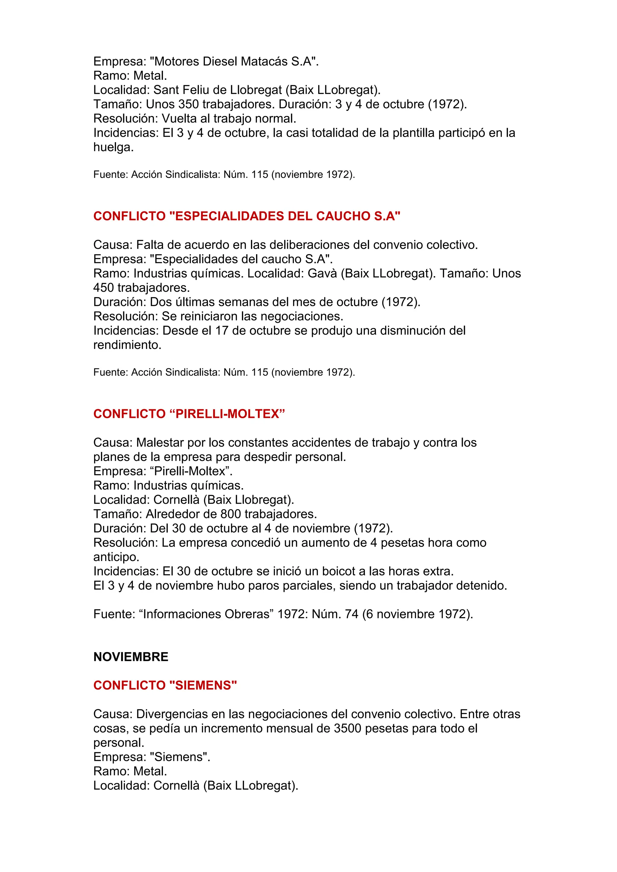 Empresa: "Motores Diesel Matacás S.A".
Ramo: Metal.
Localidad: Sant Feliu de Llobregat (Baix LLobregat).
Tamaño: Unos 350 trabajadores. Duración: 3 y 4 de octubre (1972).
Resolución: Vuelta al trabajo normal.
Incidencias: El 3 y 4 de octubre, la casi totalidad de la plantilla participó en la
huelga.
Fuente: Acción Sindicalista: Núm. 115 (noviembre 1972).
CONFLICTO "ESPECIALIDADES DEL CAUCHO S.A"
Causa: Falta de acuerdo en las deliberaciones del convenio colectivo.
Empresa: "Especialidades del caucho S.A".
Ramo: Industrias químicas. Localidad: Gavà (Baix LLobregat). Tamaño: Unos
450 trabajadores.
Duración: Dos últimas semanas del mes de octubre (1972).
Resolución: Se reiniciaron las negociaciones.
Incidencias: Desde el 17 de octubre se produjo una disminución del
rendimiento.
Fuente: Acción Sindicalista: Núm. 115 (noviembre 1972).
CONFLICTO “PIRELLI-MOLTEX”
Causa: Malestar por los constantes accidentes de trabajo y contra los
planes de la empresa para despedir personal.
Empresa: “Pirelli-Moltex”.
Ramo: Industrias químicas.
Localidad: Cornellà (Baix Llobregat).
Tamaño: Alrededor de 800 trabajadores.
Duración: Del 30 de octubre al 4 de noviembre (1972).
Resolución: La empresa concedió un aumento de 4 pesetas hora como
anticipo.
Incidencias: El 30 de octubre se inició un boicot a las horas extra.
El 3 y 4 de noviembre hubo paros parciales, siendo un trabajador detenido.
Fuente: “Informaciones Obreras” 1972: Núm. 74 (6 noviembre 1972).
NOVIEMBRE
CONFLICTO "SIEMENS"
Causa: Divergencias en las negociaciones del convenio colectivo. Entre otras
cosas, se pedía un incremento mensual de 3500 pesetas para todo el
personal.
Empresa: "Siemens".
Ramo: Metal.
Localidad: Cornellà (Baix LLobregat).
 