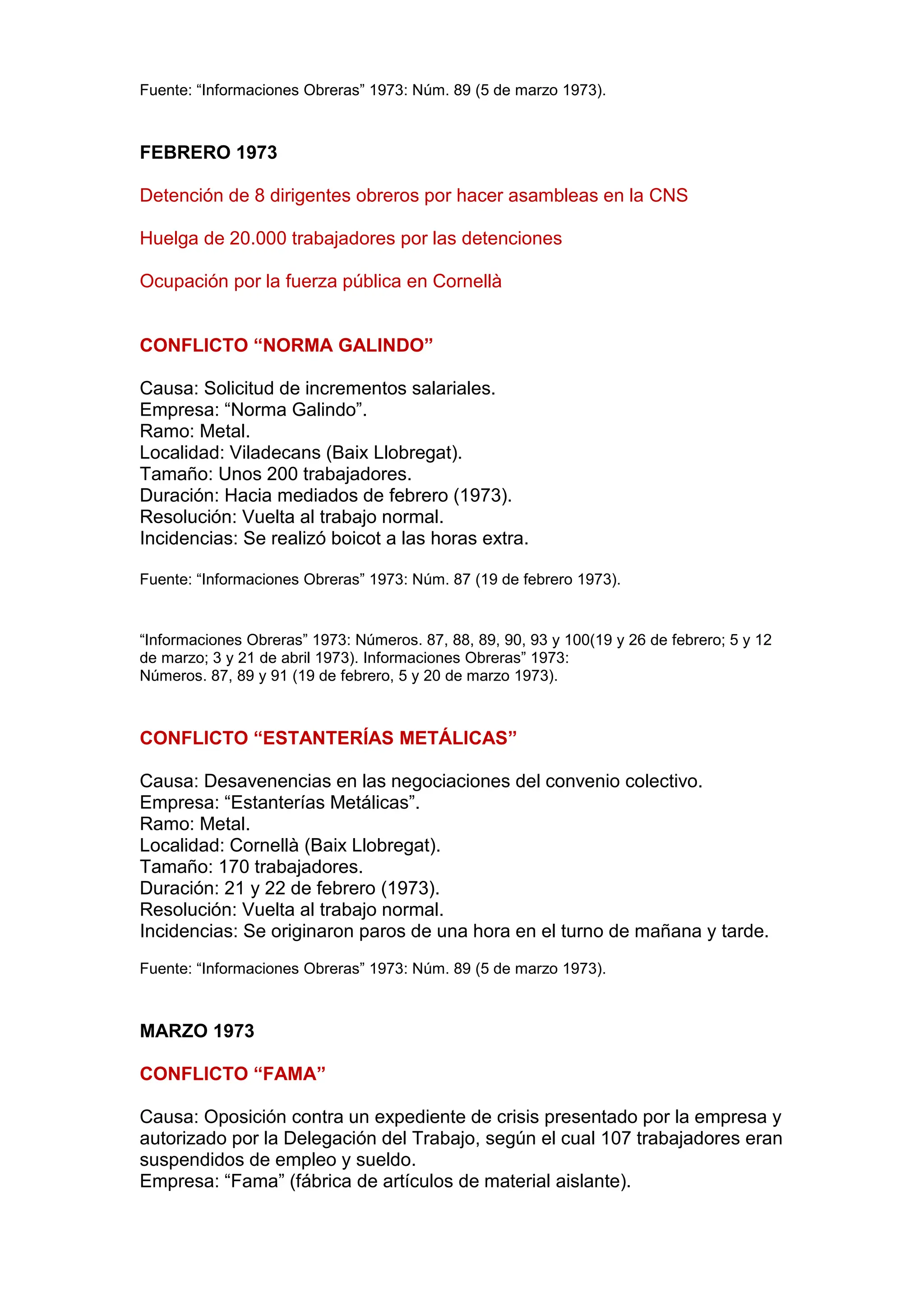 Fuente: “Informaciones Obreras” 1973: Núm. 89 (5 de marzo 1973).
FEBRERO 1973
Detención de 8 dirigentes obreros por hacer asambleas en la CNS
Huelga de 20.000 trabajadores por las detenciones
Ocupación por la fuerza pública en Cornellà
CONFLICTO “NORMA GALINDO”
Causa: Solicitud de incrementos salariales.
Empresa: “Norma Galindo”.
Ramo: Metal.
Localidad: Viladecans (Baix Llobregat).
Tamaño: Unos 200 trabajadores.
Duración: Hacia mediados de febrero (1973).
Resolución: Vuelta al trabajo normal.
Incidencias: Se realizó boicot a las horas extra.
Fuente: “Informaciones Obreras” 1973: Núm. 87 (19 de febrero 1973).
“Informaciones Obreras” 1973: Números. 87, 88, 89, 90, 93 y 100(19 y 26 de febrero; 5 y 12
de marzo; 3 y 21 de abril 1973). Informaciones Obreras” 1973:
Números. 87, 89 y 91 (19 de febrero, 5 y 20 de marzo 1973).
CONFLICTO “ESTANTERÍAS METÁLICAS”
Causa: Desavenencias en las negociaciones del convenio colectivo.
Empresa: “Estanterías Metálicas”.
Ramo: Metal.
Localidad: Cornellà (Baix Llobregat).
Tamaño: 170 trabajadores.
Duración: 21 y 22 de febrero (1973).
Resolución: Vuelta al trabajo normal.
Incidencias: Se originaron paros de una hora en el turno de mañana y tarde.
Fuente: “Informaciones Obreras” 1973: Núm. 89 (5 de marzo 1973).
MARZO 1973
CONFLICTO “FAMA”
Causa: Oposición contra un expediente de crisis presentado por la empresa y
autorizado por la Delegación del Trabajo, según el cual 107 trabajadores eran
suspendidos de empleo y sueldo.
Empresa: “Fama” (fábrica de artículos de material aislante).
 
