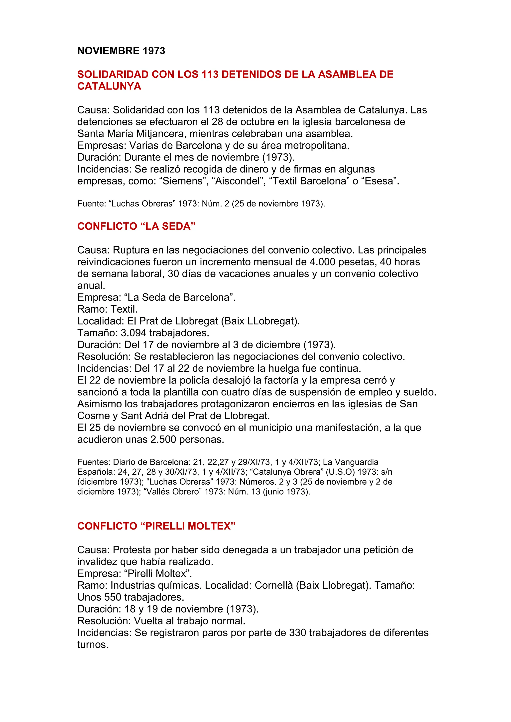 NOVIEMBRE 1973
SOLIDARIDAD CON LOS 113 DETENIDOS DE LA ASAMBLEA DE
CATALUNYA
Causa: Solidaridad con los 113 detenidos de la Asamblea de Catalunya. Las
detenciones se efectuaron el 28 de octubre en la iglesia barcelonesa de
Santa María Mitjancera, mientras celebraban una asamblea.
Empresas: Varias de Barcelona y de su área metropolitana.
Duración: Durante el mes de noviembre (1973).
Incidencias: Se realizó recogida de dinero y de firmas en algunas
empresas, como: “Siemens”, “Aiscondel”, “Textil Barcelona” o “Esesa”.
Fuente: “Luchas Obreras” 1973: Núm. 2 (25 de noviembre 1973).
CONFLICTO “LA SEDA”
Causa: Ruptura en las negociaciones del convenio colectivo. Las principales
reivindicaciones fueron un incremento mensual de 4.000 pesetas, 40 horas
de semana laboral, 30 días de vacaciones anuales y un convenio colectivo
anual.
Empresa: “La Seda de Barcelona”.
Ramo: Textil.
Localidad: El Prat de Llobregat (Baix LLobregat).
Tamaño: 3.094 trabajadores.
Duración: Del 17 de noviembre al 3 de diciembre (1973).
Resolución: Se restablecieron las negociaciones del convenio colectivo.
Incidencias: Del 17 al 22 de noviembre la huelga fue continua.
El 22 de noviembre la policía desalojó la factoría y la empresa cerró y
sancionó a toda la plantilla con cuatro días de suspensión de empleo y sueldo.
Asimismo los trabajadores protagonizaron encierros en las iglesias de San
Cosme y Sant Adrià del Prat de Llobregat.
El 25 de noviembre se convocó en el municipio una manifestación, a la que
acudieron unas 2.500 personas.
Fuentes: Diario de Barcelona: 21, 22,27 y 29/XI/73, 1 y 4/XII/73; La Vanguardia
Española: 24, 27, 28 y 30/XI/73, 1 y 4/XII/73; “Catalunya Obrera” (U.S.O) 1973: s/n
(diciembre 1973); “Luchas Obreras” 1973: Números. 2 y 3 (25 de noviembre y 2 de
diciembre 1973); “Vallés Obrero” 1973: Núm. 13 (junio 1973).
CONFLICTO “PIRELLI MOLTEX”
Causa: Protesta por haber sido denegada a un trabajador una petición de
invalidez que había realizado.
Empresa: “Pirelli Moltex”.
Ramo: Industrias químicas. Localidad: Cornellà (Baix Llobregat). Tamaño:
Unos 550 trabajadores.
Duración: 18 y 19 de noviembre (1973).
Resolución: Vuelta al trabajo normal.
Incidencias: Se registraron paros por parte de 330 trabajadores de diferentes
turnos.
 